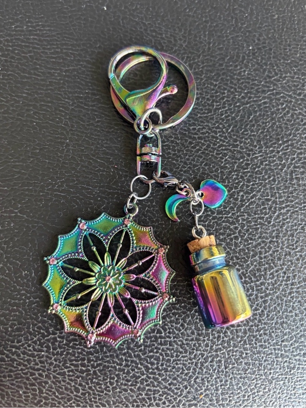 Iridescent Rainbow Filigree Key & Bottle Charm Keychain